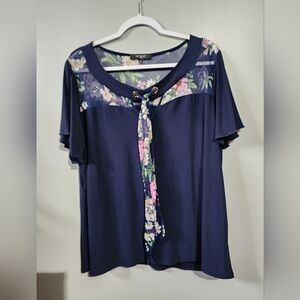 Liz Mccoy Sheer Floral Yoke Accent Navy Top 3x